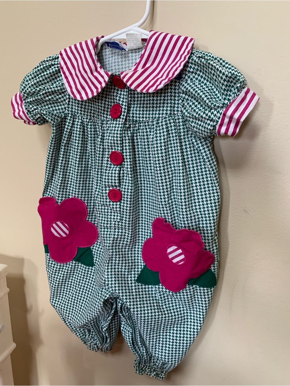 Vintage Green Houndstooth Baby Romper with Light Purple Stripe Collar